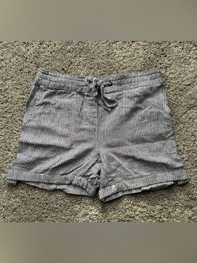 Per Se Black and White Striped Elastic-Waist Linen Blend Womens Shorts Size S